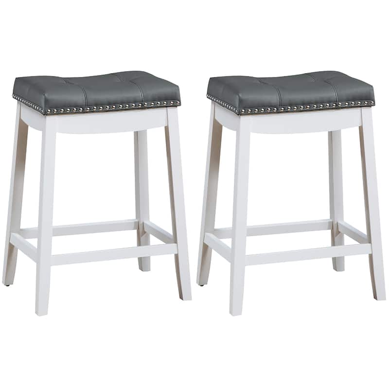 Premium Set of 2 Padded Counter Saddle Backless Nail Head Bar Stool - White+Grey