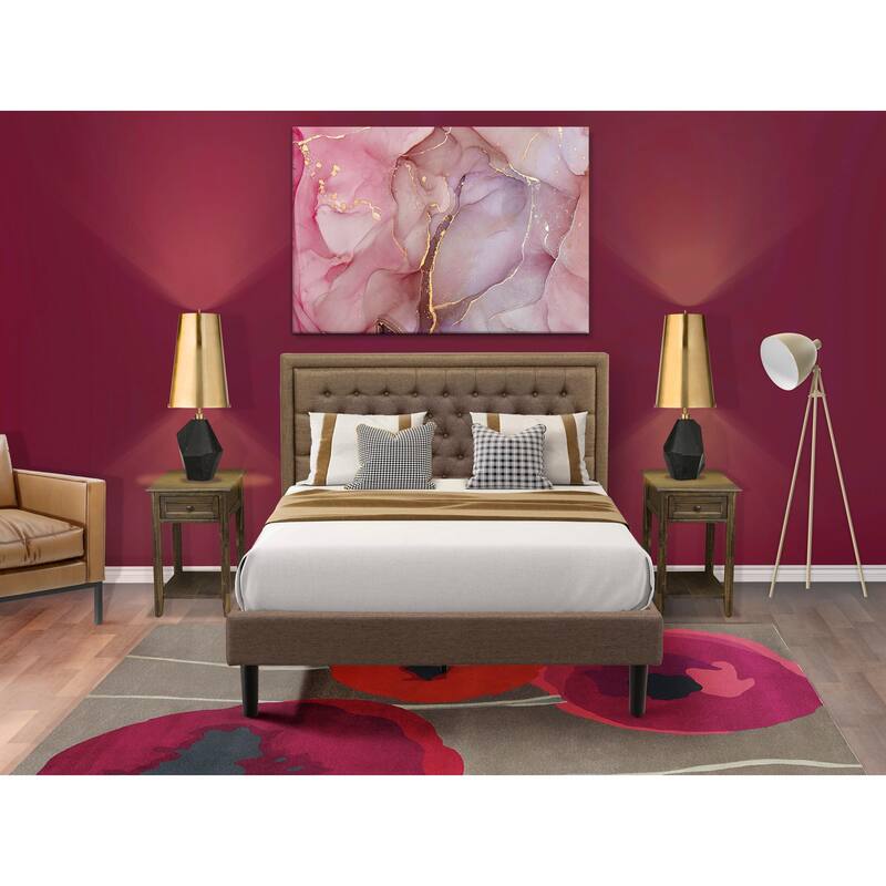 East West Furniture Queen Bed Set - Queen Bed Frame Size Brown Headboard with Nightstand - Black Finish Legs(End Table Options) - KD18Q-2DE07