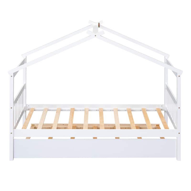 Twin/Full House Bed with Pull-Out Trundle, Solid Pine Wood Frame for Sleepovers
