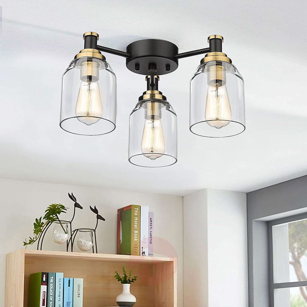 3-Light Semi Flush Mount Ceiling Light with Clear Glass Shade