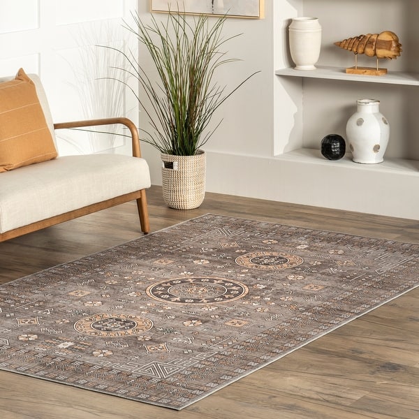 slide 2 of 22, Nuloom Tama SpinClean Circle Medallion Machine Washable Area Rug 4' x 6' - Brown - Rectangle