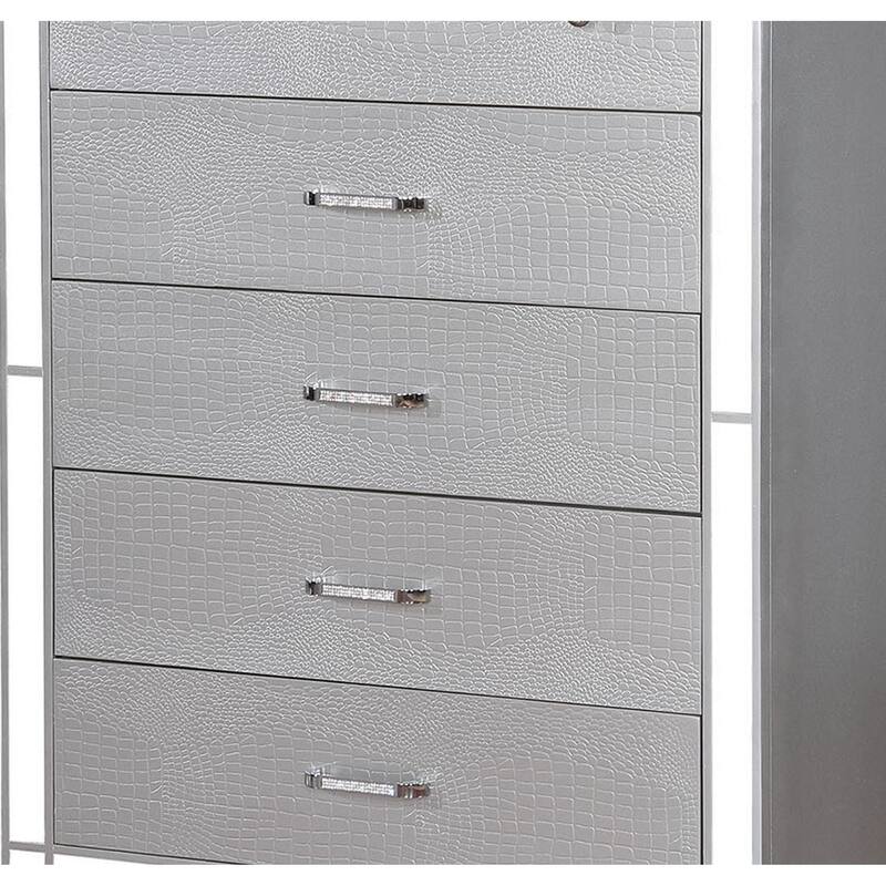 Five Drawer Solid Wood Chest with Mirror Accent Trim Front, Silver