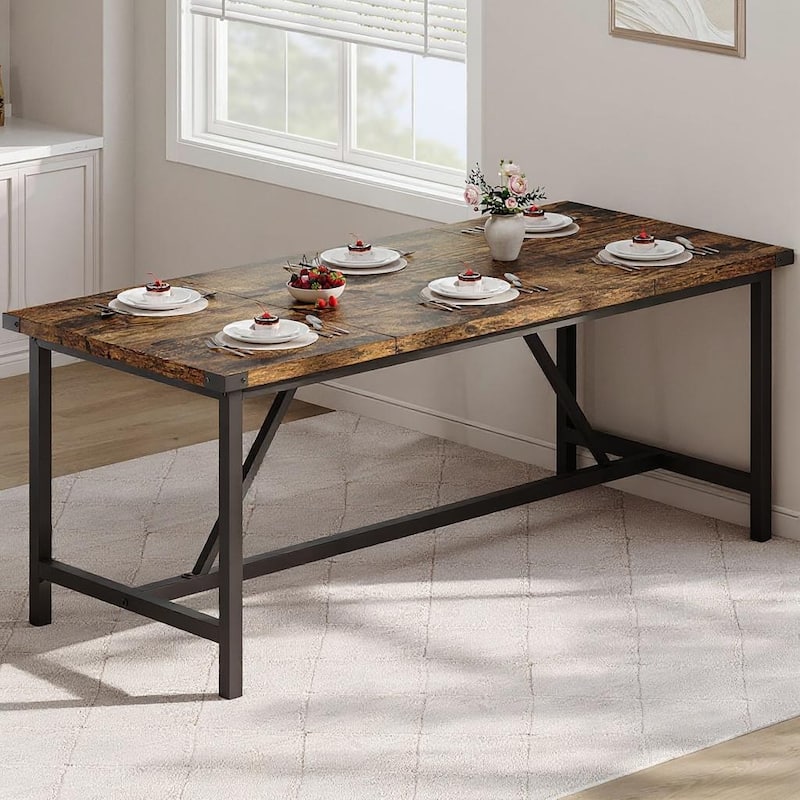 70.87 Inch Large Farmhouse Dining Table, with Wood Grain Engineered Panels