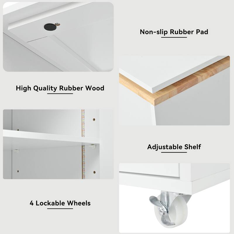 Anmytek Black Expandable Kitchen Island Cart with Marble Top - Rolling Kitchen Storage with Extendable Table and Spice Rack