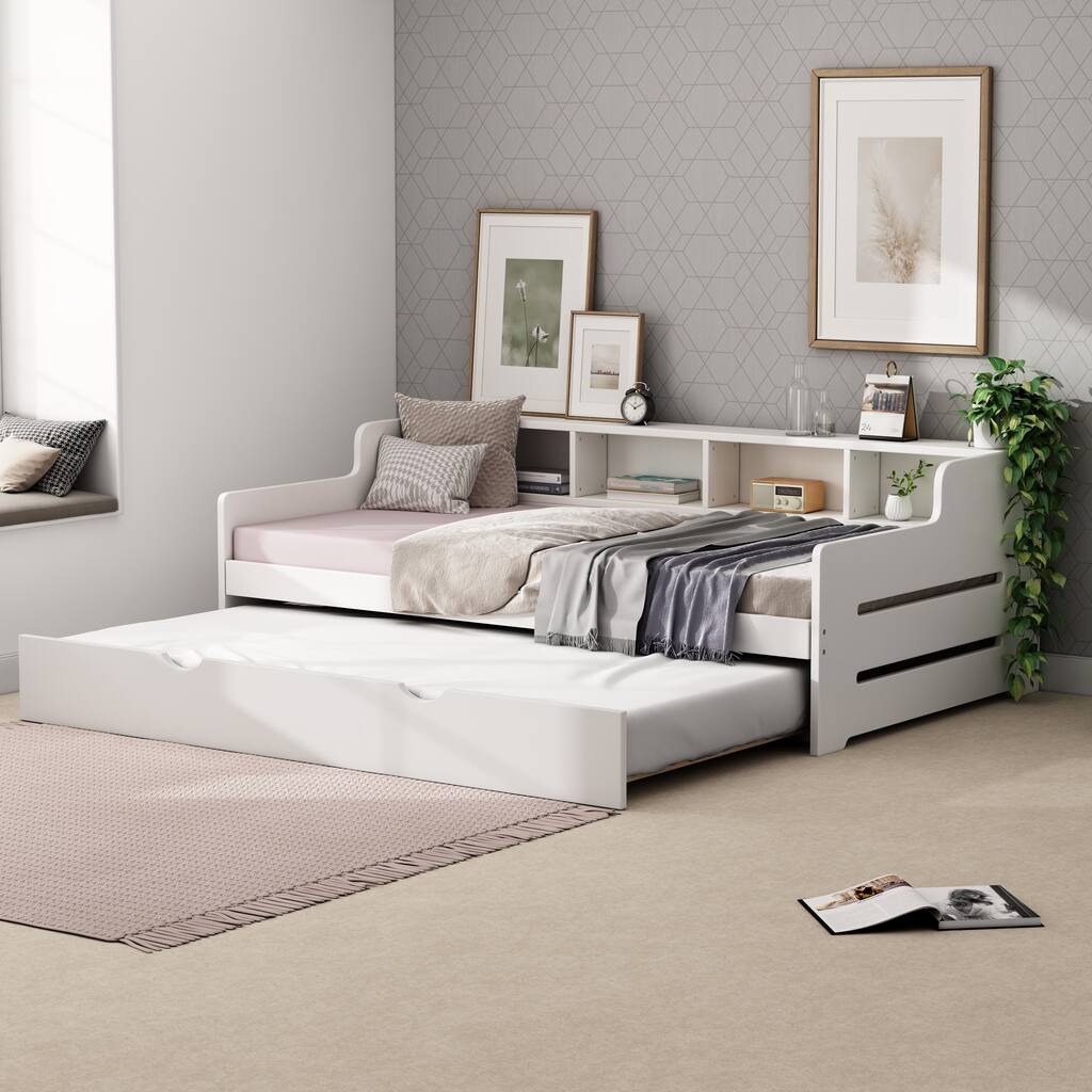 Twin Size Wooden Day Bed with Trundle for Guest Room, Small Bedroom, Study Room