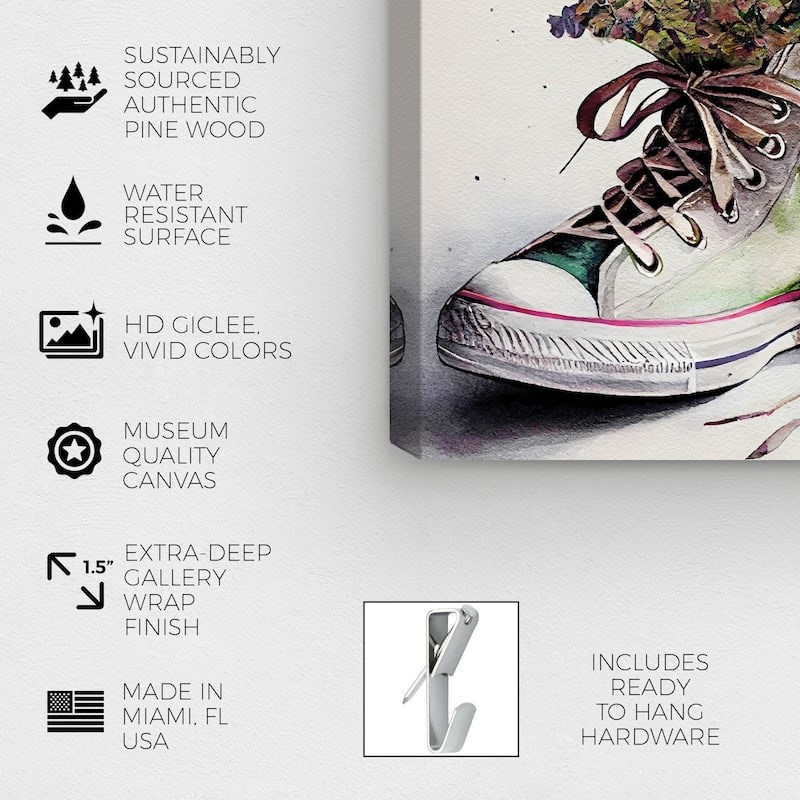 Wynwood Studio Fashion and Glam White Chucks and Flowers White and Farmhouse Wall Art Canvas Print