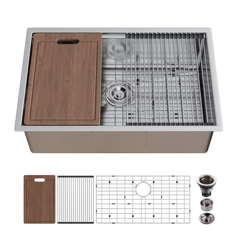 HOROW 16G Stainless Steel 30 in. Single Bowl Undermount Workstation Kitchen Sink with Cutting Board, Bottom Grid, Strainer
