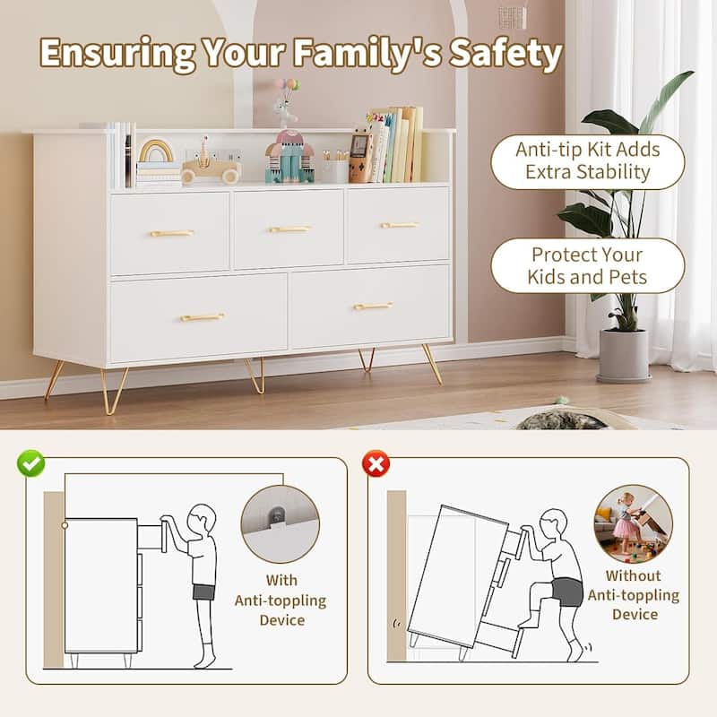 5 Drawer Dresser TV Stand for Bedroom with Charging Station & LED Lights