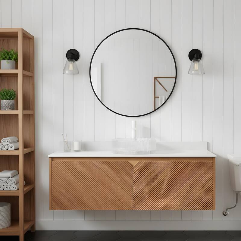 Wall-mounted Bathroom Vanity with Round Glass Basin - 48 - Brown Oak+Transparent