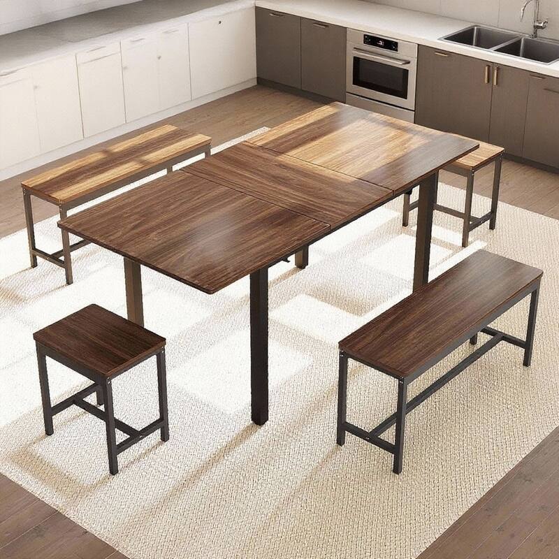47.2" Large Extendable Kitchen Table Set, with 2 Benches and 2 Square Stools - Brown