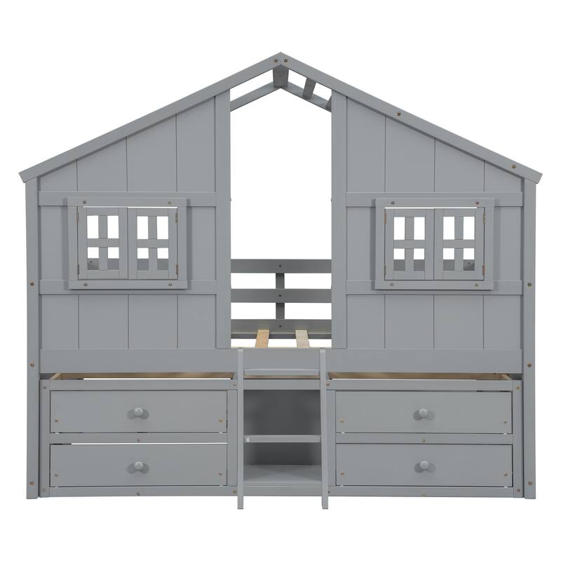 Wood Full Size House Loft Bed with Roof, Windows,4 Storage Drawers