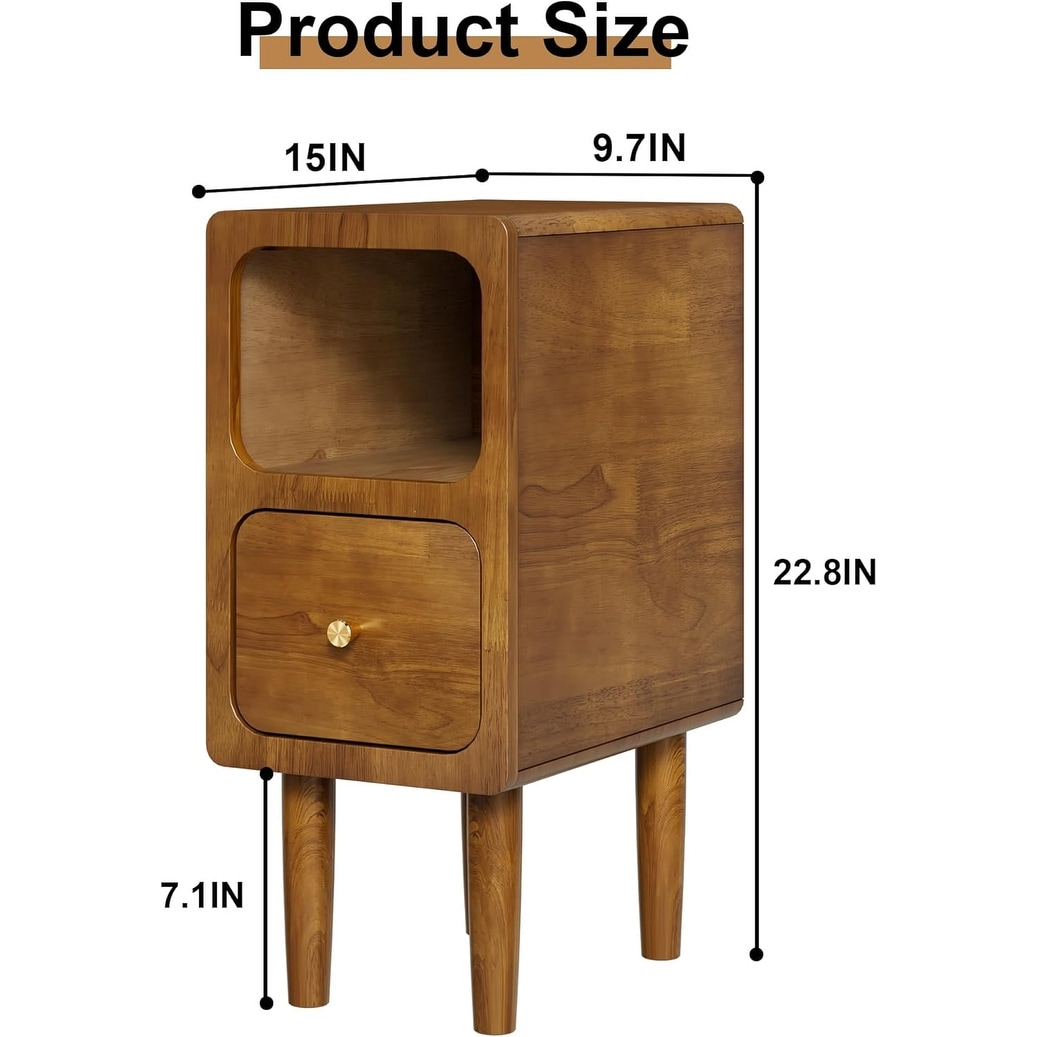 Compact Walnut Nightstand with Drawers and Open Shelf for Small