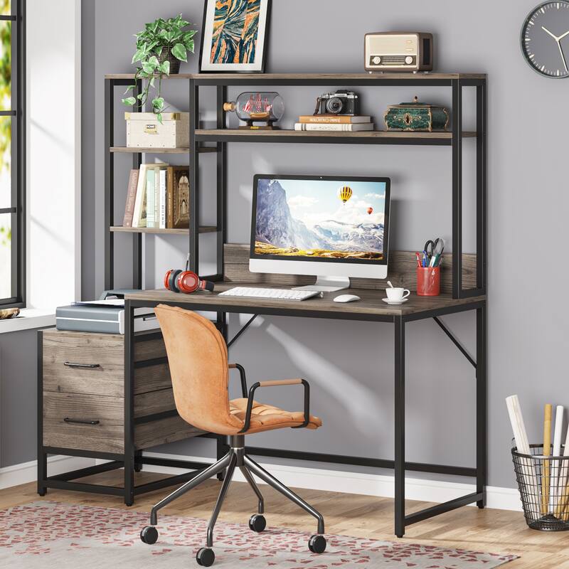 Rustic Computer Office Desk with Drawers and Hutch