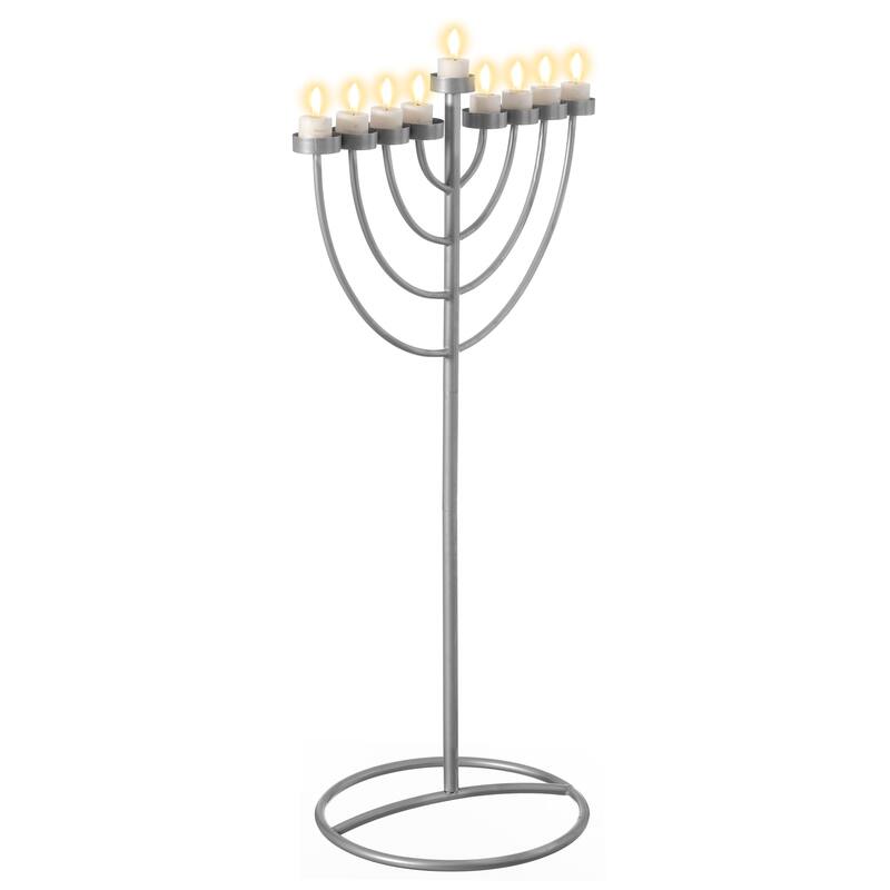 Silver 9 Branch Thin Pipe Hanukkah Menorah, Metal-Aluminum - Large