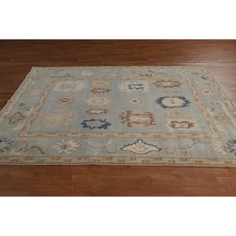 Geometric Blue Vegetable Dye Oushak Turkish Hand-Knotted Wool Carpet - 5'5"x 7'7"