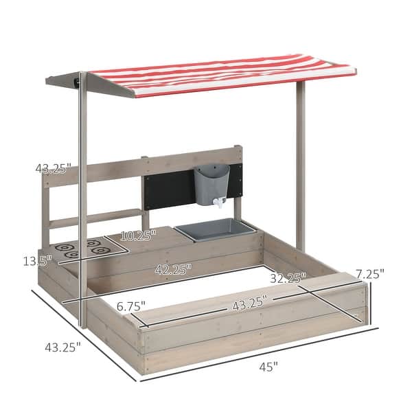 dimension image slide 0 of 2, Wooden Kids Sandbox with Cover, Children Outdoor Sand Box with Foldable Bench Seats, Adjustable Canopy, Bottom Liner