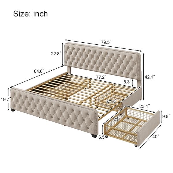 King Size Platform Bed Frame with 4 Drawers, Button Tufted Headboard