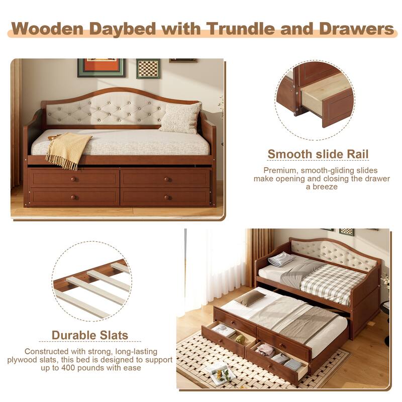 Wooden Frame Day Bed, Twin Size Daybed with Trundle Bed, Upholstered Tufted Button Backrest Sofa Bed with 2 Storage Drawers
