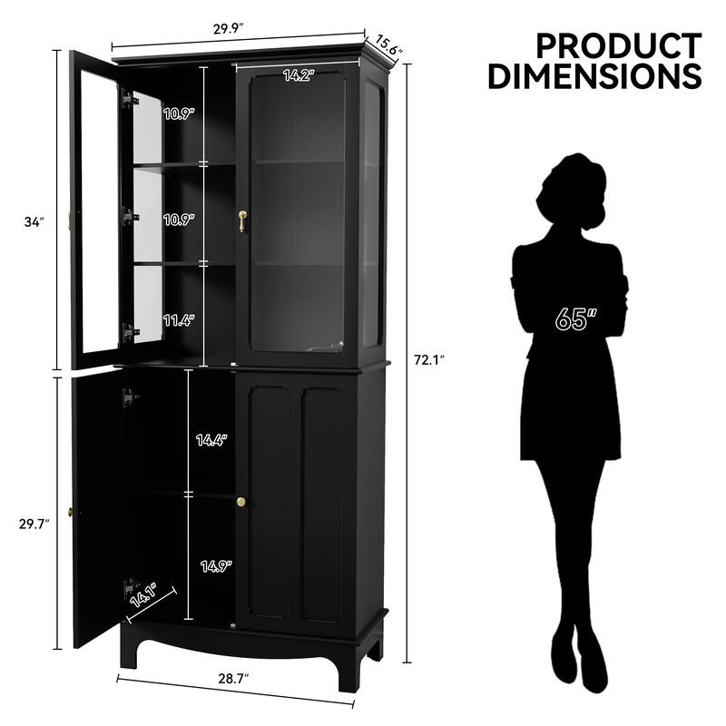 72" Freestanding Kitchen Pantry with Glass Doors