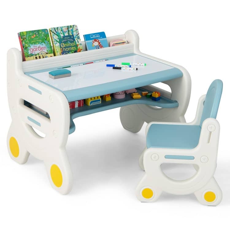 Kids Drawing Table and Chair Set with Watercolor Pens and Blackboard Eraser - 30.5" x 23.5" x 23"