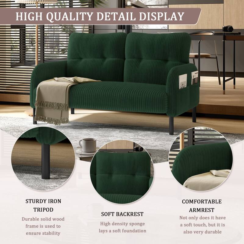 47.24" Corduroy 2-Seater Sofa with Side Pockets