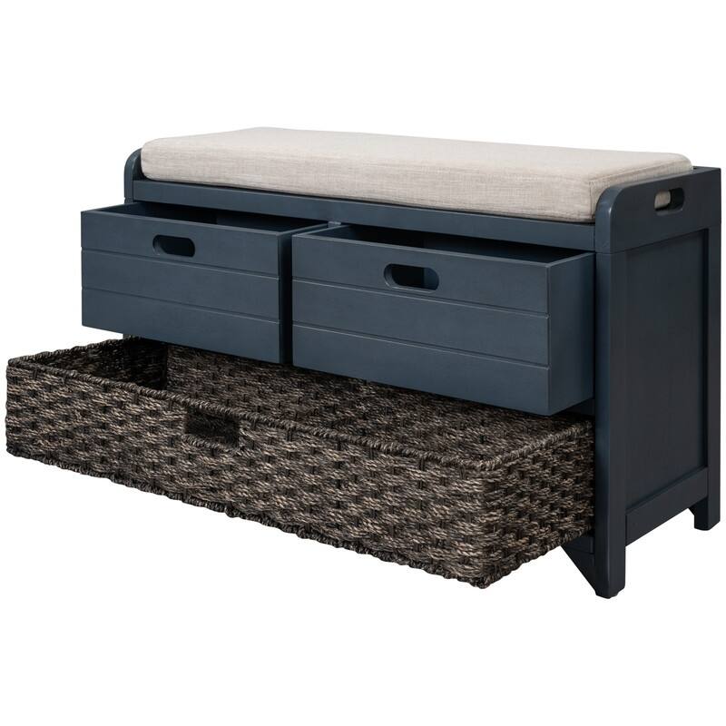 Grondin Retro Framhouse Style Entry Storage Shoe Bench with Padded Cushion, 2 Drawers and Removable Basket