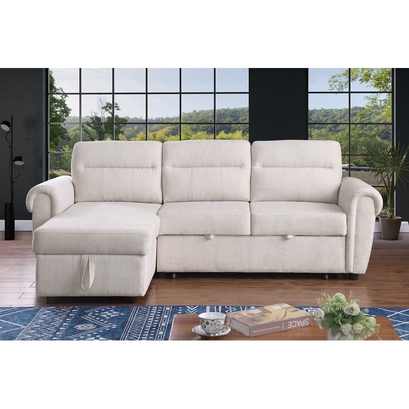 Hugo 97"W Chenille Rev. Sleeper Sectional Sofa Chaise USB Chargers, Phone/Magazine Pockets