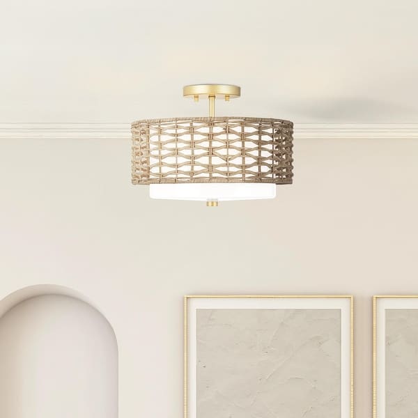 slide 2 of 7, Hunter Laila 2-Light Flush Mount Ceiling Light - Open Weave Rattan - Transitional Luxe Gold