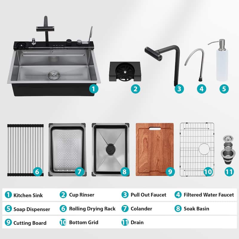 30" Drop-In 16 Gauge Single Bowl Stainless Steel Smart Digital Kitchen Sink with Faucet in Brushed Nickel - 30'' x 19'' x 9''