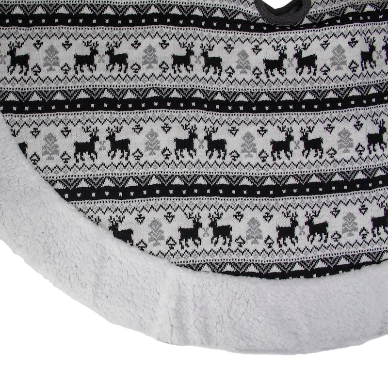 Nordic Reindeer Christmas Tree Skirt with Fleece Border - Black and White - 48"