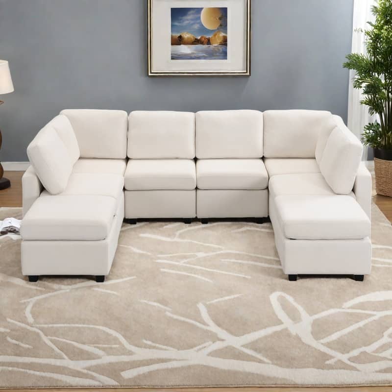 103" Chenille U-Shape Sectional Sofa 6-Seat Convertible Sleeper with 2 Ottomans and 3 USB Ports - Beige