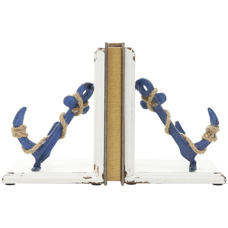 Wood Anchor Distressed Decorative Bookends with Rope Accents and White Wood Stands - Set of 2 Blue - Roche River Decor