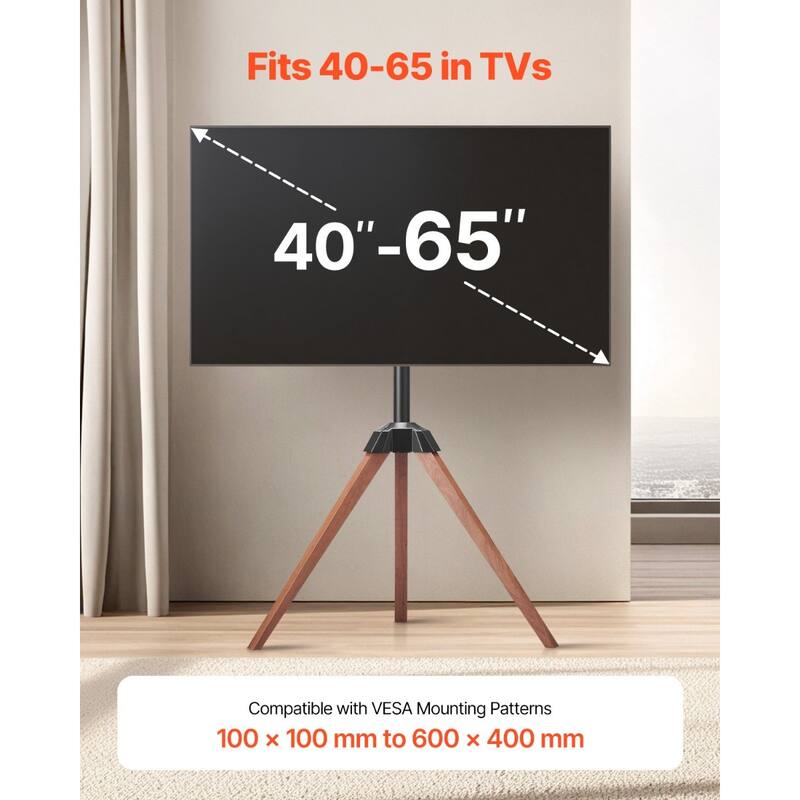 Tripod TV Stand for 40-65 inch TVs with Oak Wood Legs and Rotation - 35.83 x 20.08 x 56.69 in