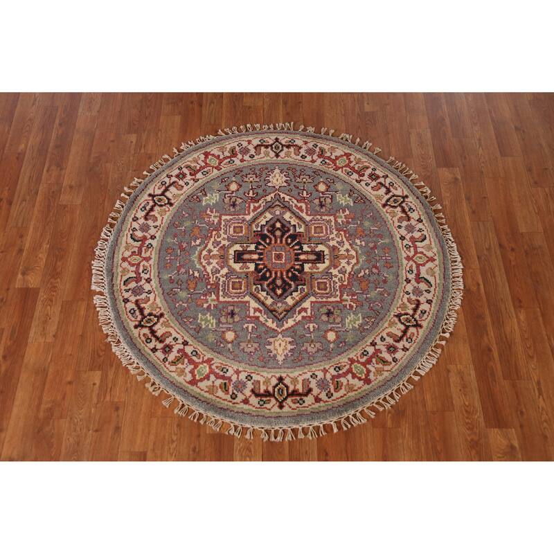 Medallion Heriz Serapi Indian Round Rug Handmade Wool Carpet - 3'10" x 3'10"