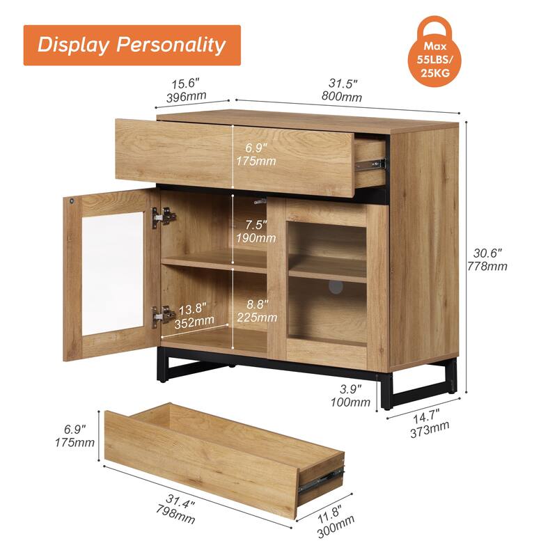 Modern Dresser With Glass Doors, Drawer, And Adjustable Shelf - Multifunctional Storage Cabinet For Living Room Or Bedroom