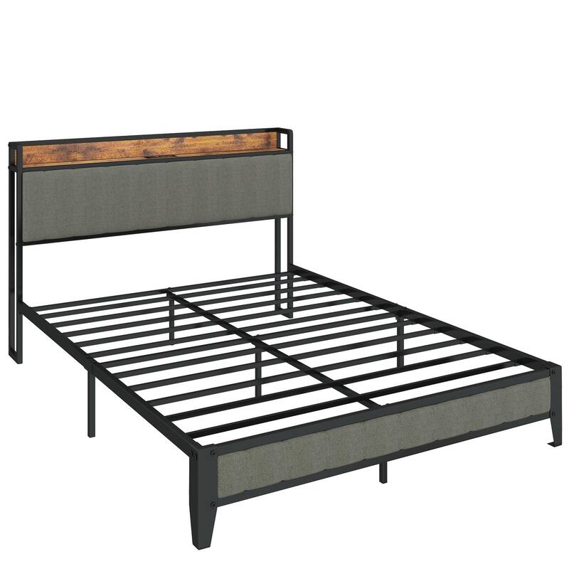 Upholstered Platform Bed Frame with Power Outlet & USB Ports & Shelf