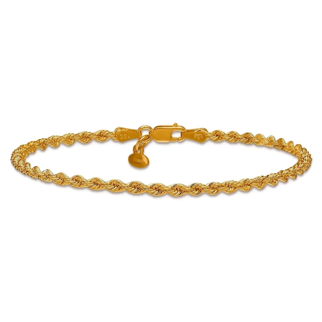 Curata 14k Yellow Gold Italian 7" 2.5mm Solid Rope Chain Bracelet for Women