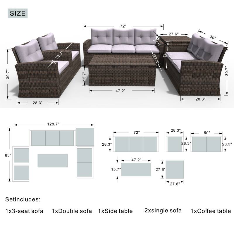 7-Piece PE Wicker Patio Fire Pit Sofa Set with Adjustable Propane Fire Table and Storage Side Tables