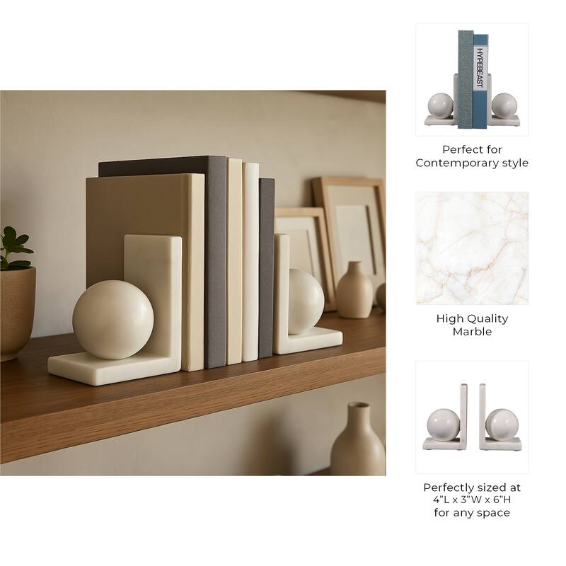Stone Bookends Decorative L-Shaped with Geometric Sphere (Set of 2)
