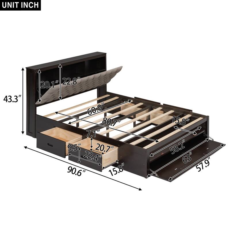 Roomfitters Queen Wood Platform Bed with Storage Headboard, Shoe Rack and Four Storage Compartments, Espresso