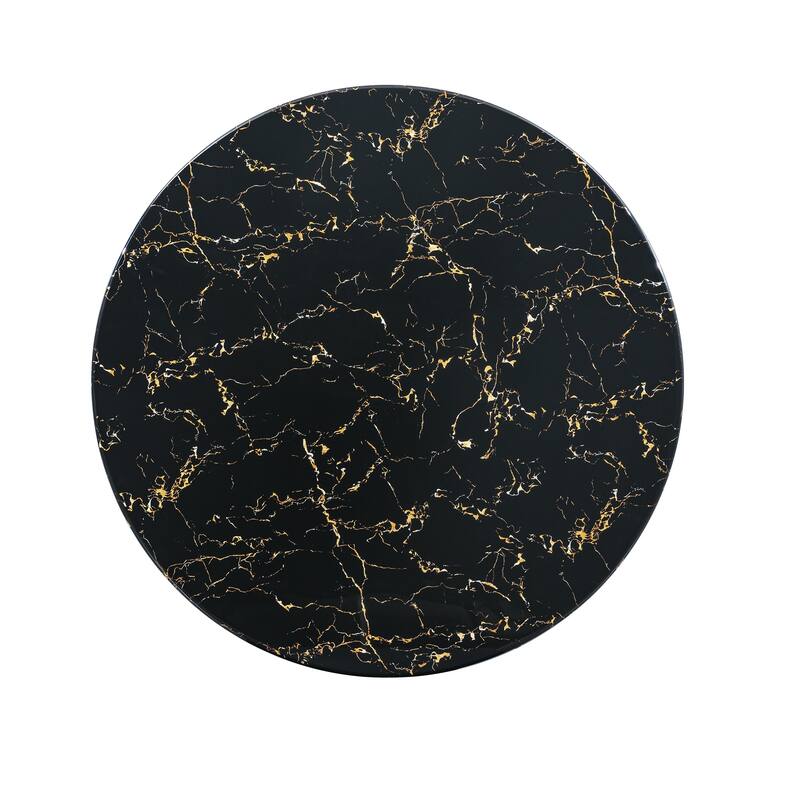 Marble Printed MDF Round Dining Table, Black Columnar Base with Gold Annulus(Not Including Chairs)