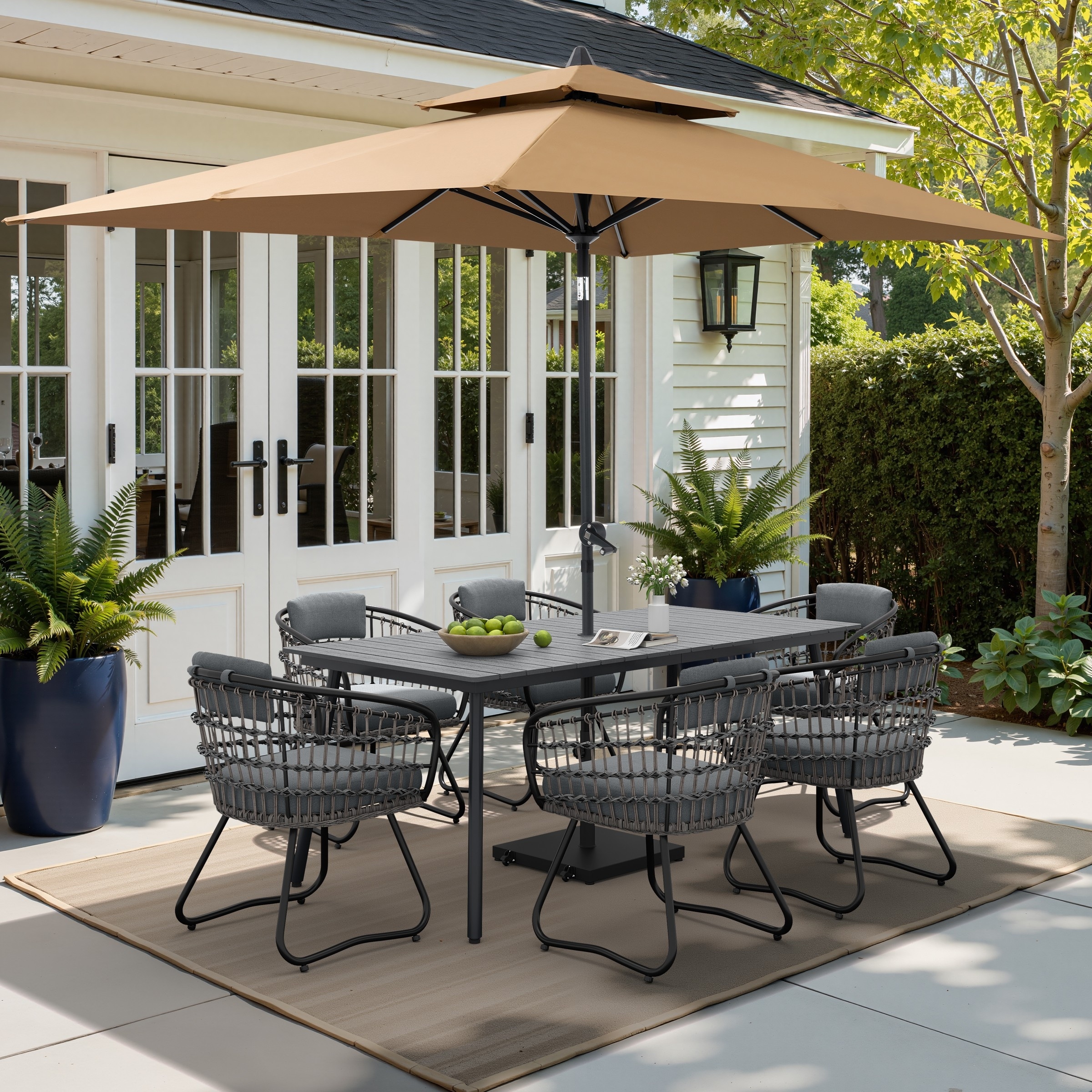 9/11-piece Outdoor Dining Set w/ Umbrella and Base Aluminum Dining Table and PE Rattan Chairs