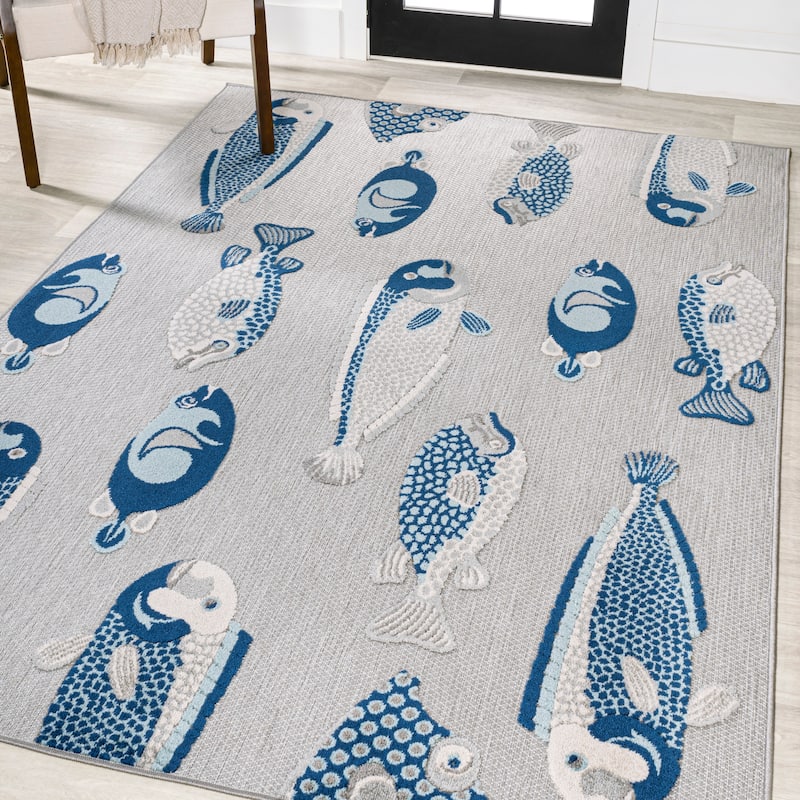 JONATHAN Y Aranciata Modern Fish High-Low Indoor/Outdoor Area Rug - 8 X 10 - Gray/Navy
