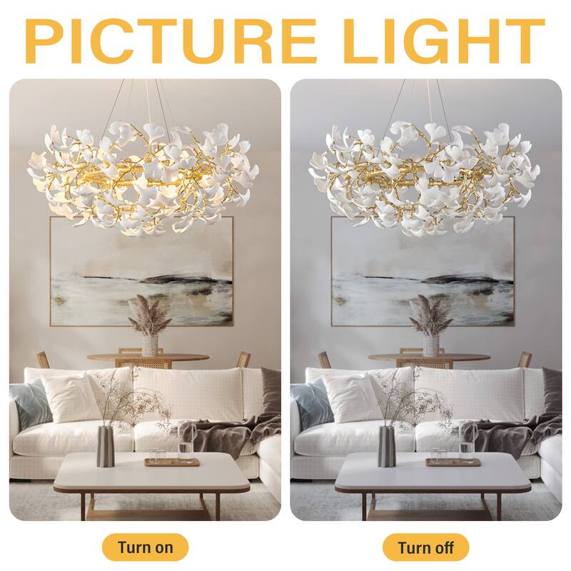 Modern Ginkgo Leaf Ceramic Chandelier, Moon Ring Round Pendant Light, D550-D1200, Gold Finish