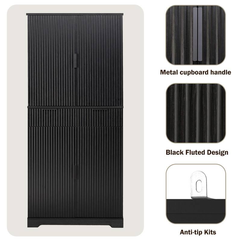 72" Fluted Kitchen Pantry Cabinet, Freestanding Cupboard Storage Cabinet with Drawers and Adjustable Shelves