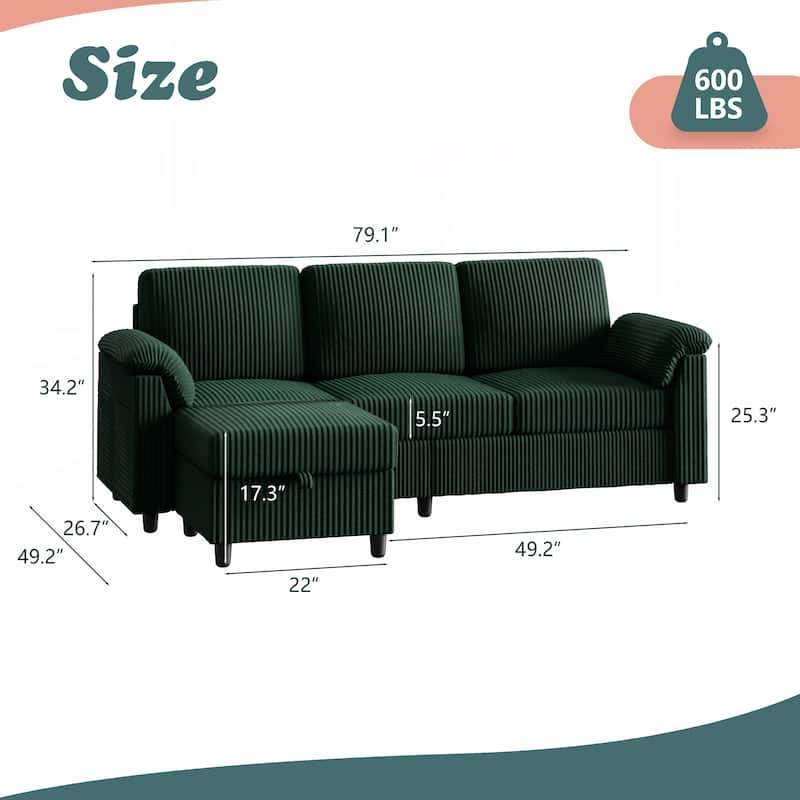 Futzca 79'' Corduroy Sectional Sofa Couch with Removable Pillow