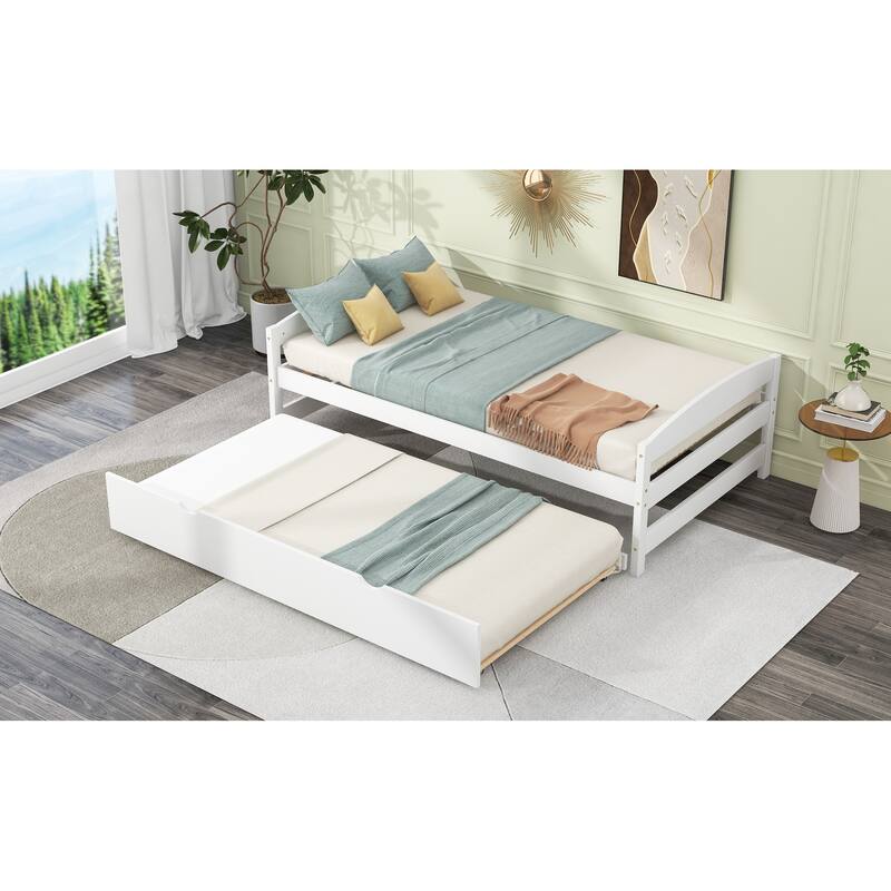 Space-Saving Twin Platform Bed with Pull-Out Trundle, Pine Wood and MDF Frame, No Box Spring Needed, Ideal for Kids' Rooms