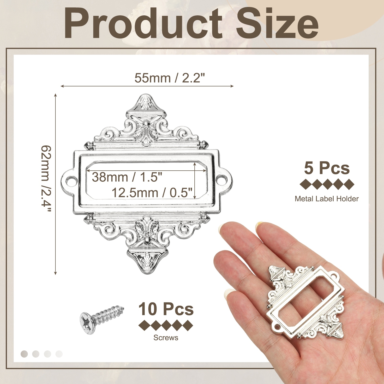 Metal Label Holder, Small Vintage Card Frame Tag Floral Lace Label Holder with Screws for Door Cabinet Book Shelves