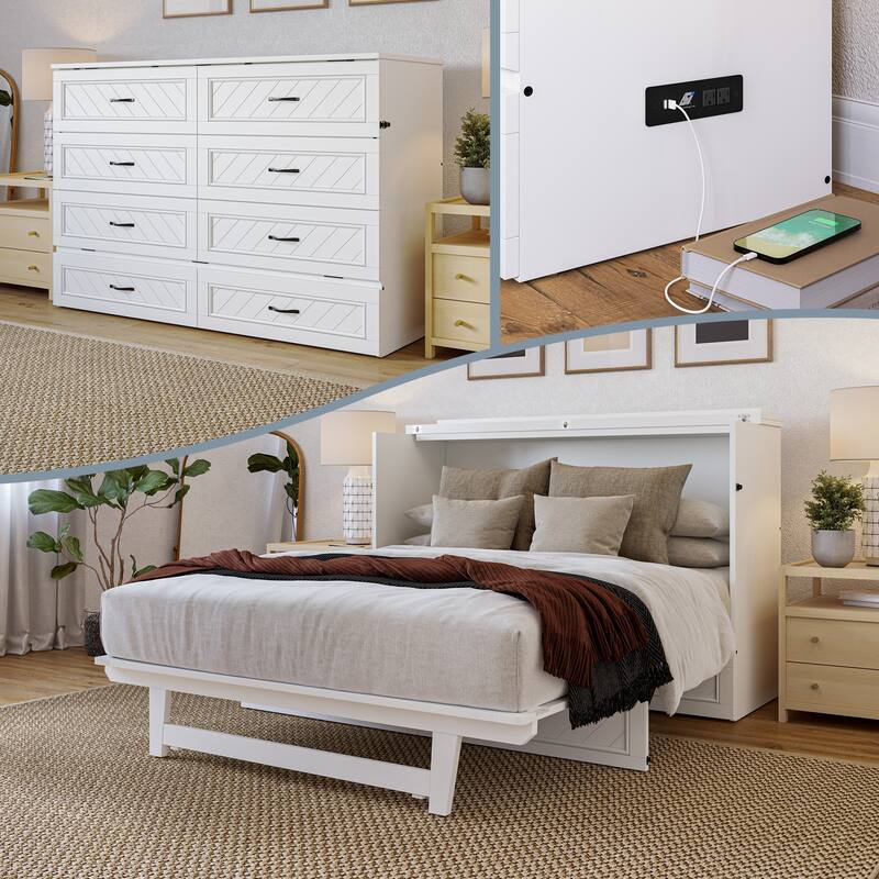 Alpine Murphy Bed Chest with Mattress, Storage Drawer, & Built-in Charger - White - Queen