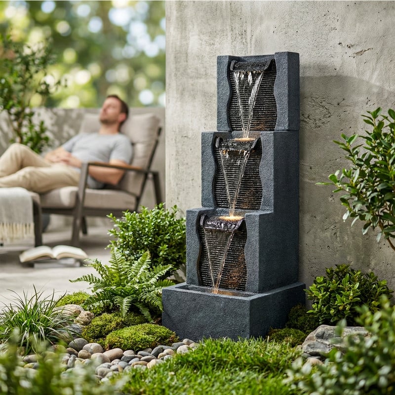 3 Tier Stone Look Lighted Water Fountain Modern Stacked Patio Decor